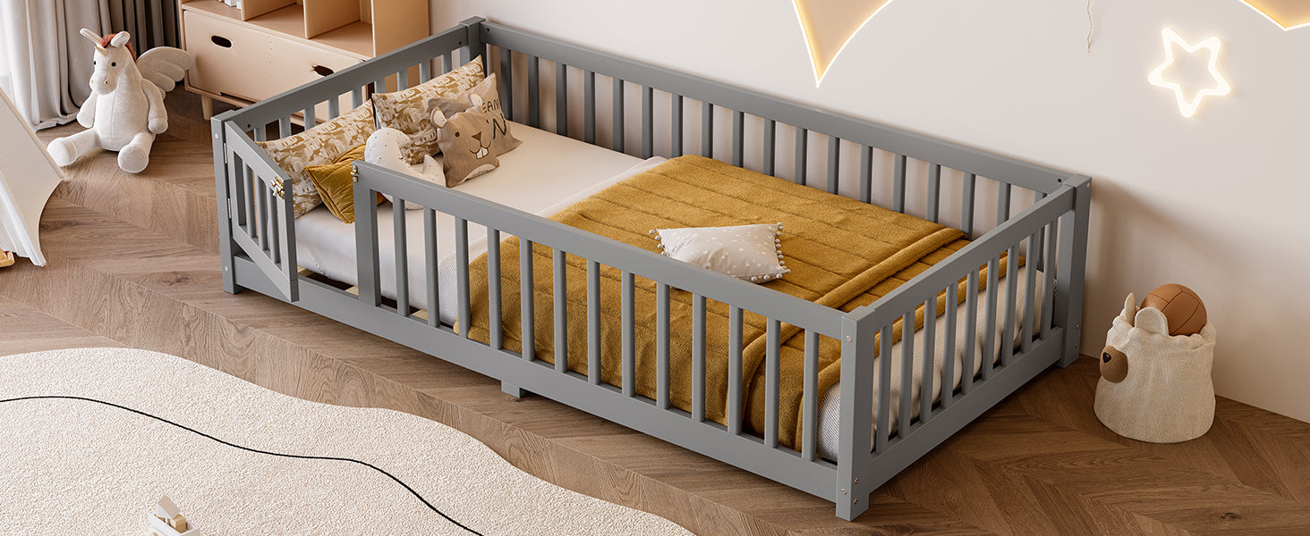 variant-group:rf-w1580p338948|Roomfitters Wooden Twin Floor Bed Frame with Door & Safety Guardrails, Low Platform Design for Bedroom or Playroom, Gray