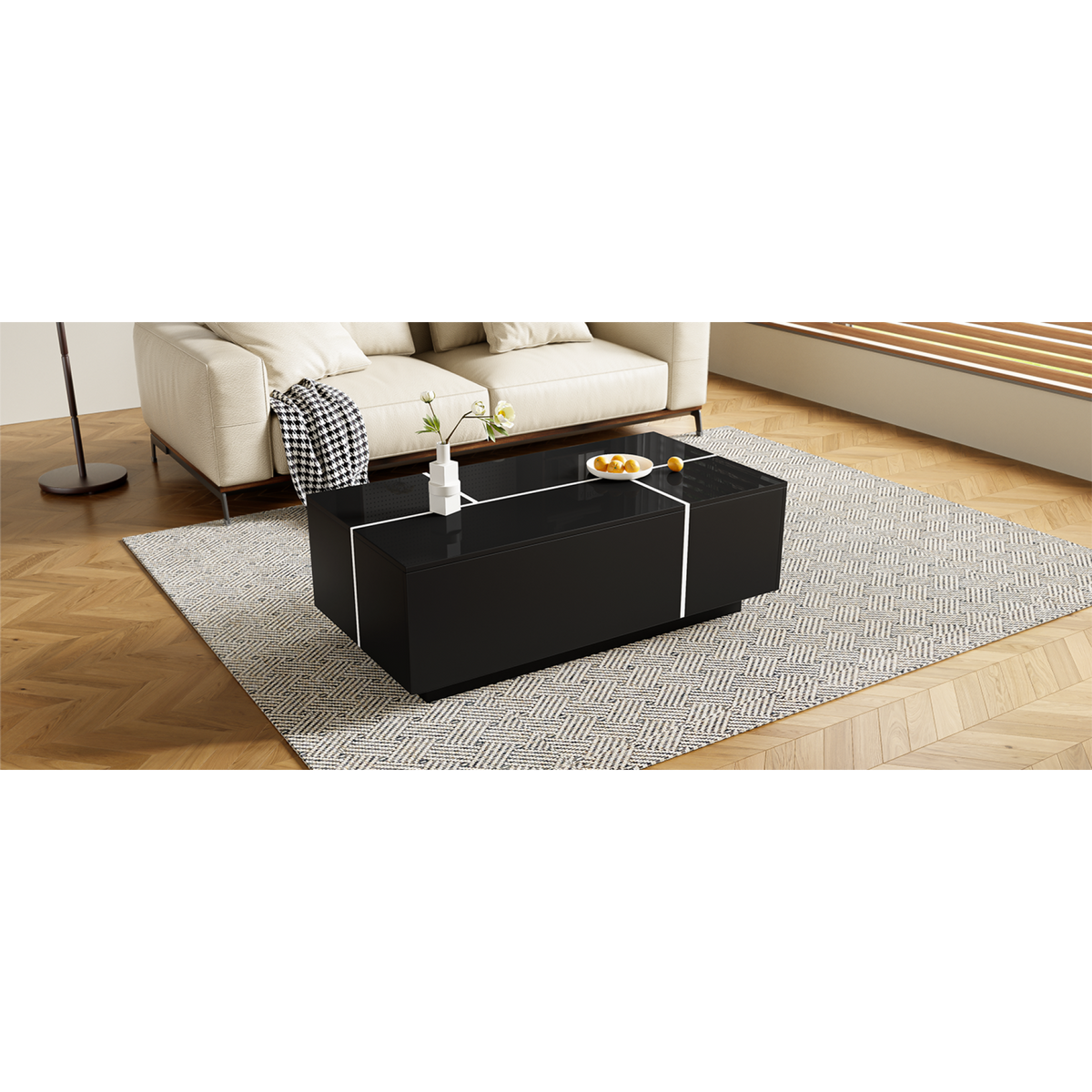 variant-group:rf-n724p292070b|Roomfitters Glossy Extendable Coffee Table with 2 Drawers and Hidden Storage Compartments, Multi-Functional Design, Black