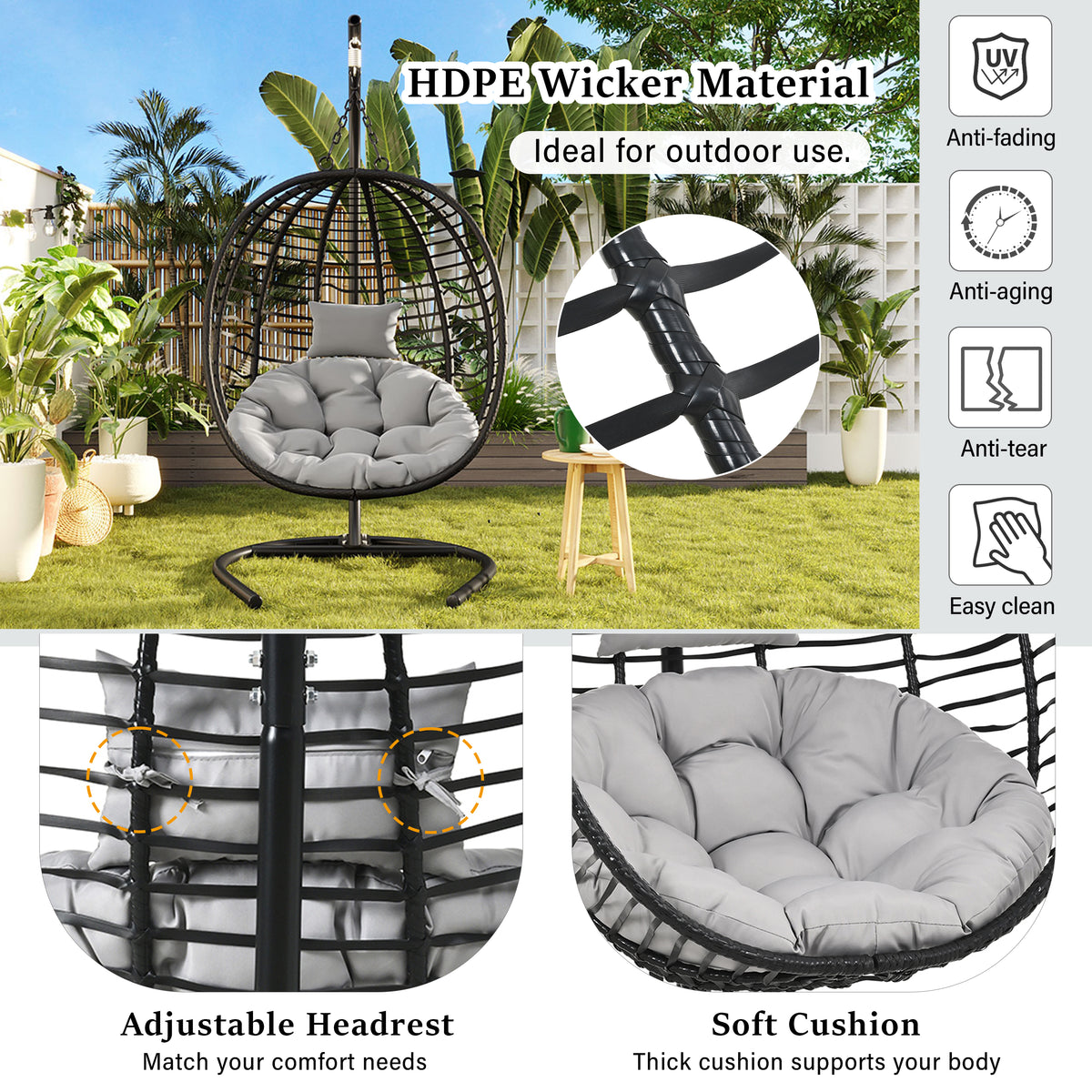 variant-group:rf-n711p389503e|Roomfitters Single Person Folding Egg Chair with Stand, UV Resistant Wicker Rattan Swing for Patio, Garden, Black+ Gray