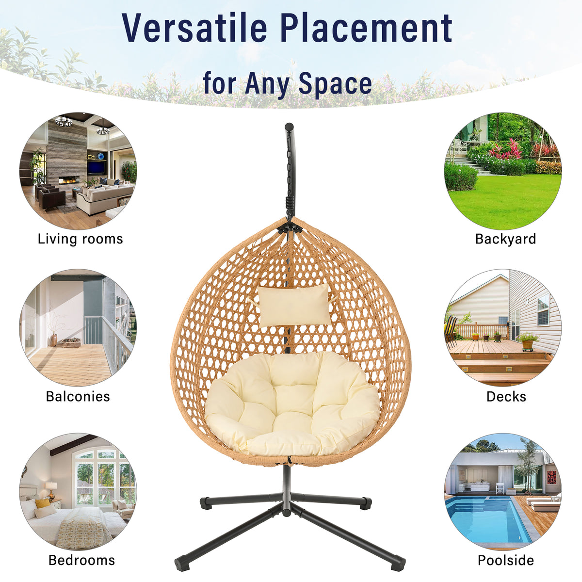 variant-group:rf-n711p255131q|Roomfitters Hanging Egg Chair with Stand, Rattan Wicker Swing Chair with Cushion for Indoor Outdoor Patio Balcony, Beige