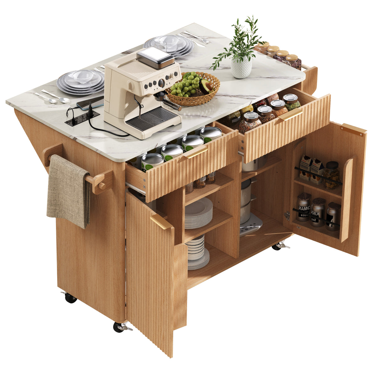variant-group:rf-n707s000019y|Roomfitters 52" Fluted Kitchen Island with Drop Leaf, Power Outlet & Faux Marble Top, Natural