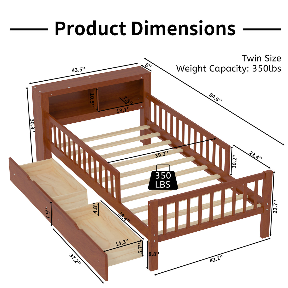 variant-group:rf-n733p272374d|Roomfitters Twin Bed with Headboard Storage Rack, Under-Bed Storage and Three-Side Guardrails, Walnut