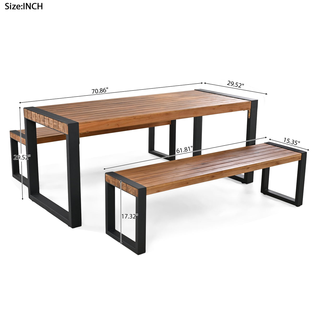Roomfitters 3 Pcs Outdoor Dining Set with Acacia Wood Table and 2 Benches, Unique Textured Top and Steel Frame, All-Weather Patio Dining for Outdoor and Indoor Use, Natural Finish Roomfitters