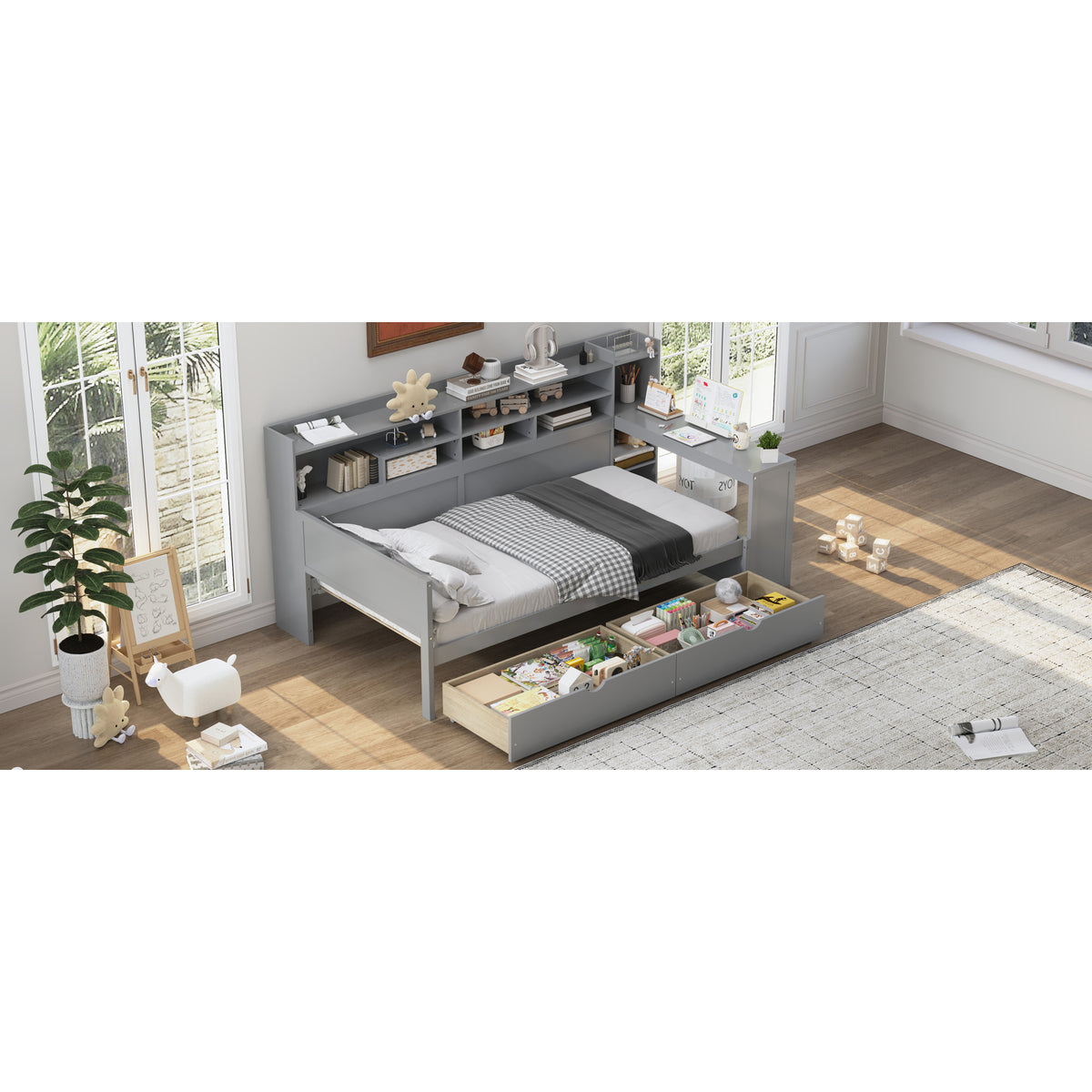variant-group:rf-n733s241484e|Roomfitters Wooden Twin Size Daybed with Storage Shelves, Multi-functional Bed with Two Storage Compartments and Study Desk, Gray
