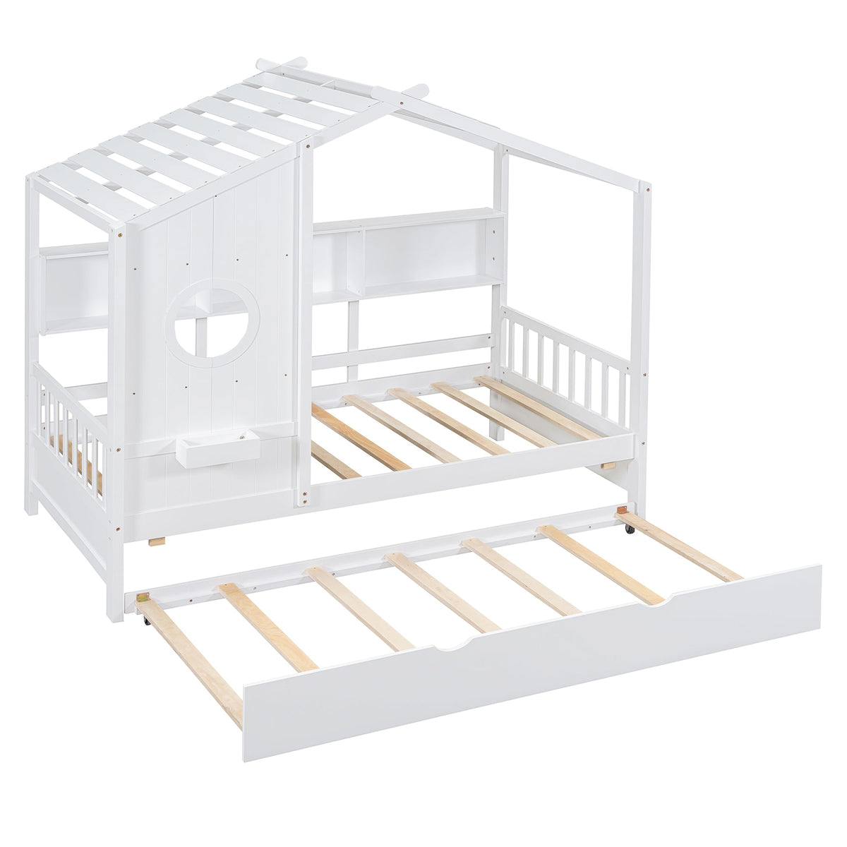 Roomfitters Wooden Twin Size House Bed with Trundle and Storage Shelf, White