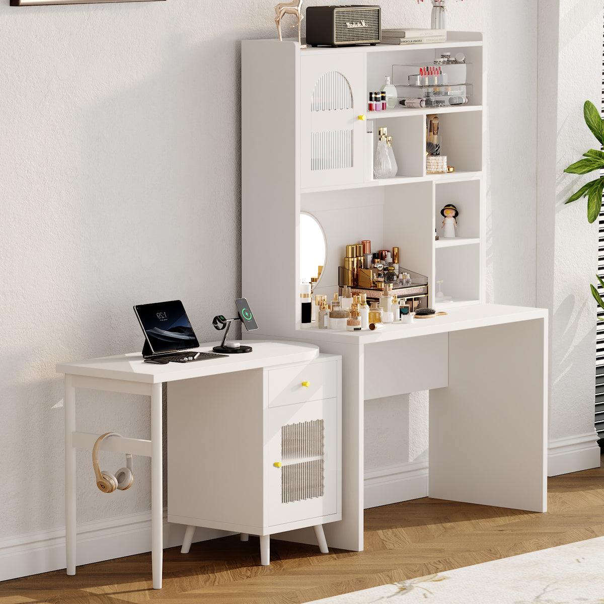 variant-group:rf-n733s363716k|Roomfitters Rotating L-Shaped Computer Desk with Shelves and Storage, 90° Swivel Office Writing Desk, White