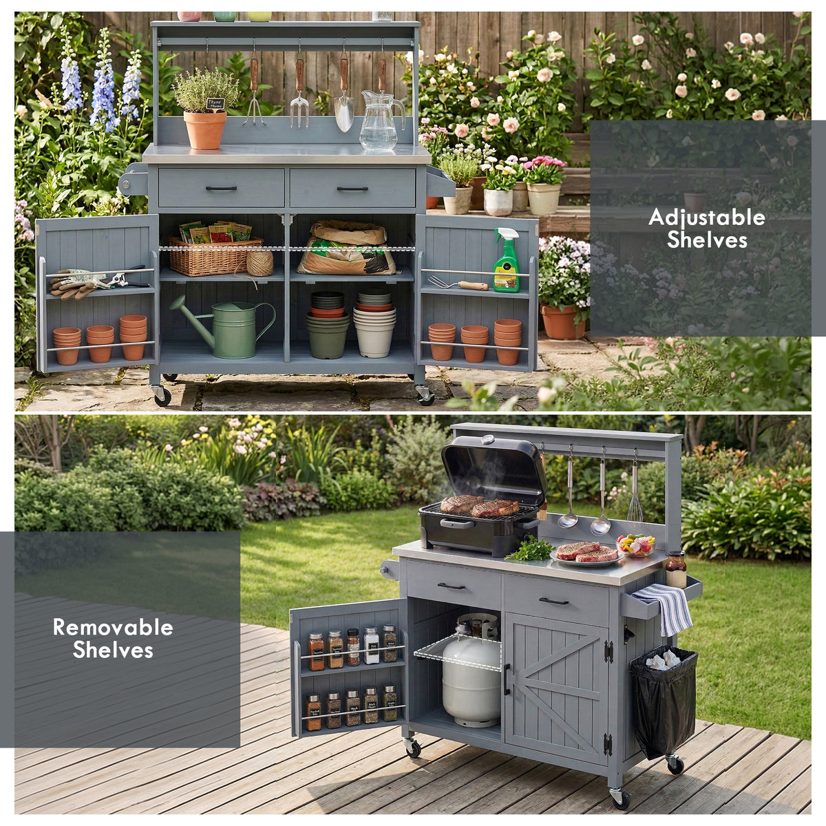 variant-group:rf-n707p409087g|Roomfitters 54.1" Grill Cart, Outdoor Kitchen Prep Station with Stainless Steel Top and Propane Tank Storage, Grey+Blue