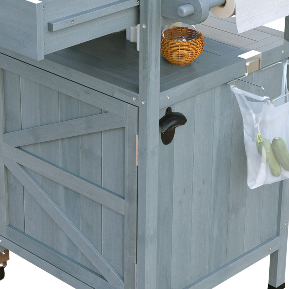 variant-group:rf-n707p228272g|Roomfitters 40.5" Outdoor Grill Cart with Stainless Steel Top, Wood Storage Cabinet, Drop Leaf, Rolling Cart, Blue Grey