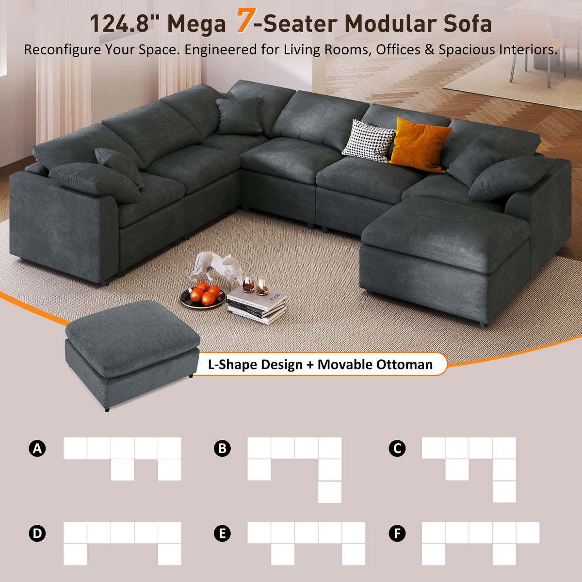 variant-group:rf-n711wy000453aae|Roomfitters 7-Seater Modular Sectional Sofa with Ottoman, Extra Large L-Shape Chenille Upholstered Couch, Gray