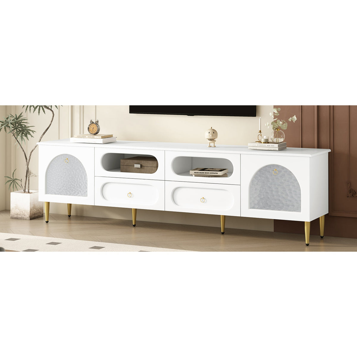 Roomfitters Retro TV Stand for up to 85 Inch TV, Media Console Cabinet with Drawers, Cabinets and Metal Legs, White Roomfitters