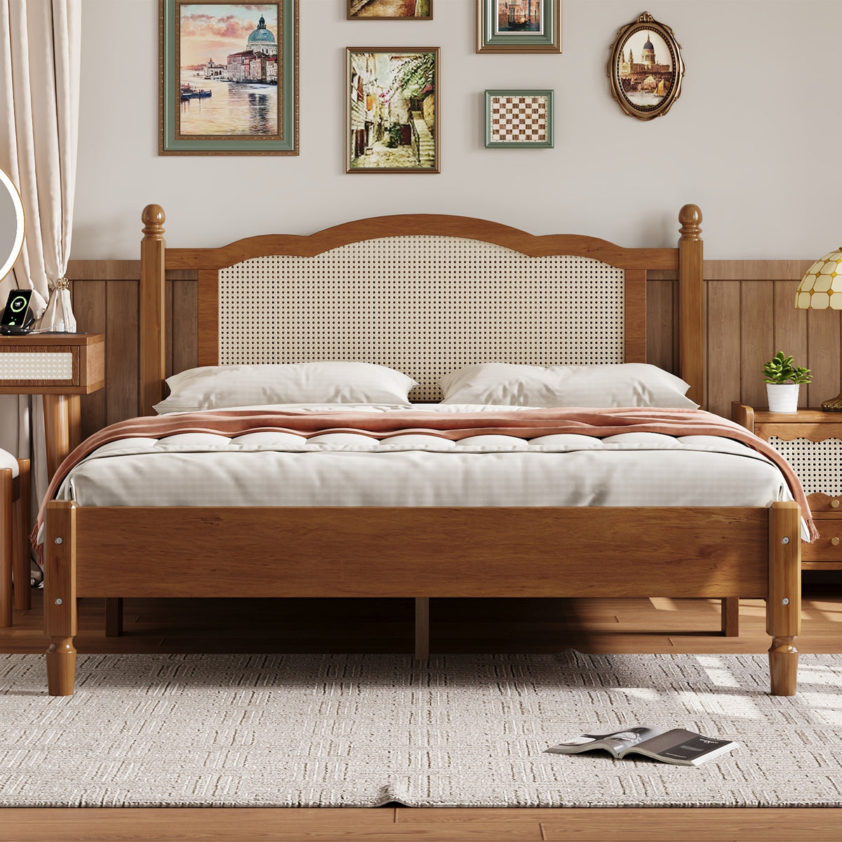 variant-group:rf-n733p180013d|Roomfitters Queen Size Wooden Platform Bed with Natural Rattan Headboard, Stylish Vintage Bed Frame with Durable Wooden Slat Support for a Sophisticated Look, Walnut