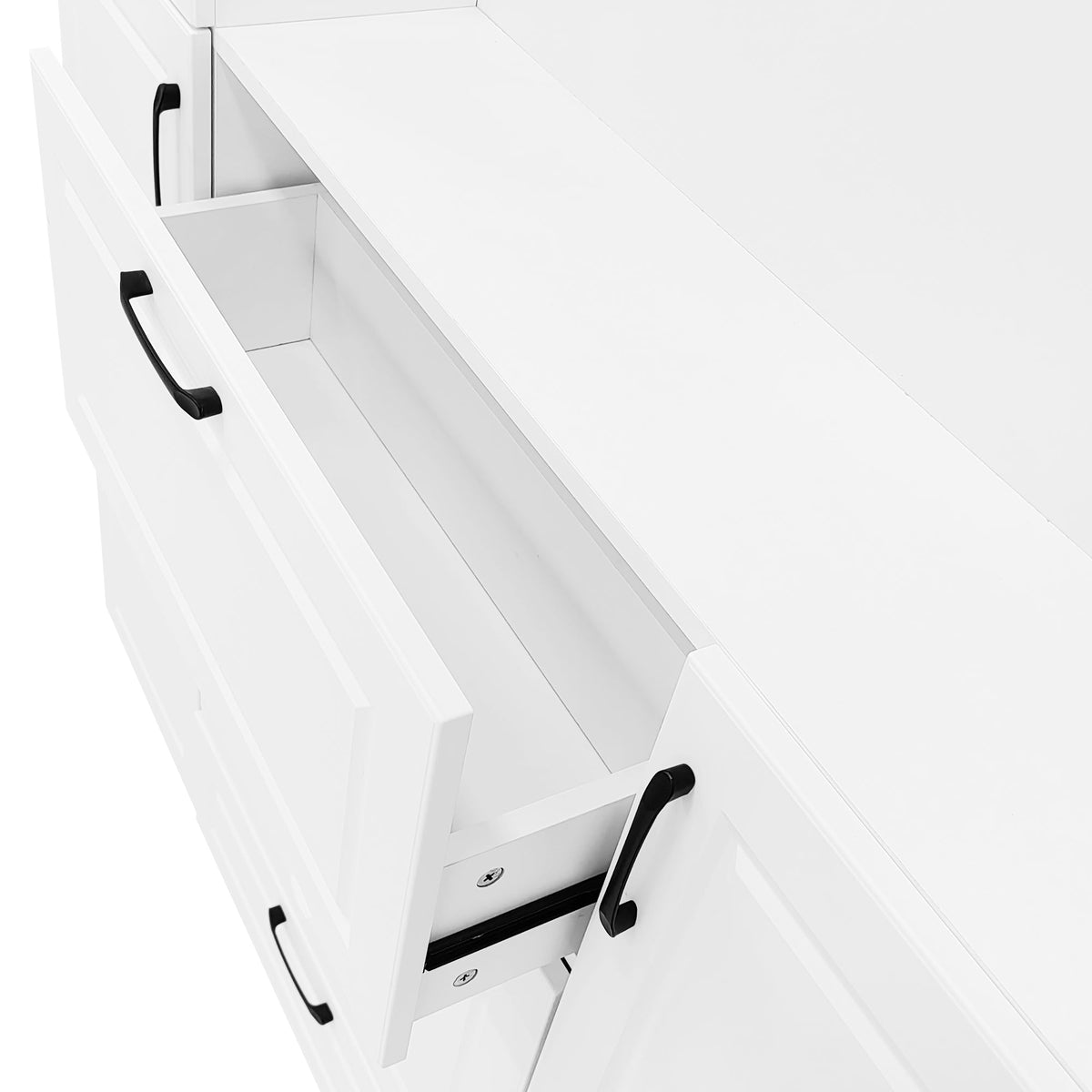 Roomfitters Entryway Bench with Shoe Cabinet and Mirror Door, Foldable Seat and 4 Hooks, White Roomfitters