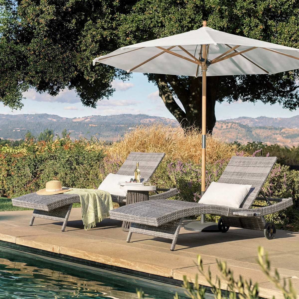 variant-group:rf-n707p395515e|Roomfitters 80"W Patio Chaise Lounge Chairs Set of 2 with Wheels, Folding Table, Adjustable Rattan Loungers, Grey