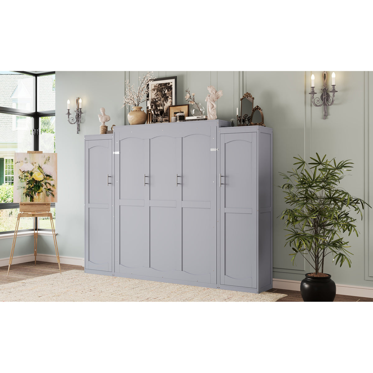 variant-group:rf-n733s235596e|Roomfitters Full Murphy Wall Bed with Two Wardrobes and Storage Shelf, Foldable Platform Bed Frame for Guest Room, Gray