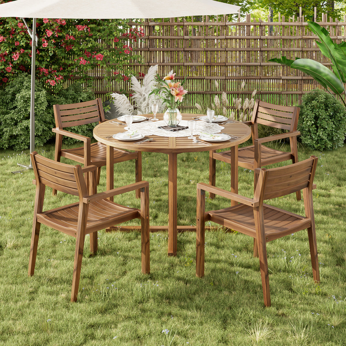 variant-group:rf-n711wy000475aao|Roomfitters 5-Piece Outdoor Dining Set for 4, 47.2-Inch Round Acacia Wood Table, Natural Brown Slatted Patio Group