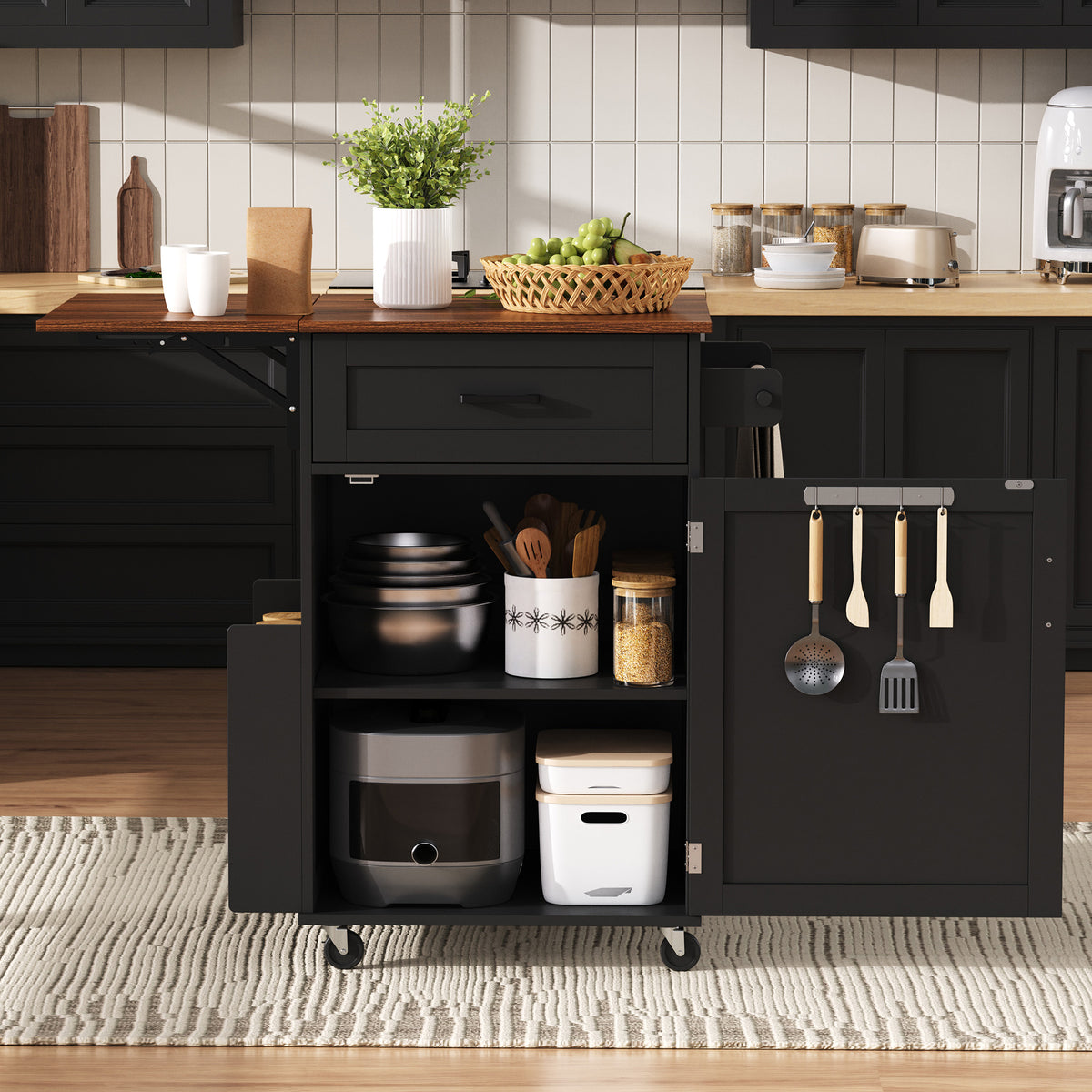variant-group:rf-n707p404539b|Roomfitters 39.3" Kitchen Island with Drop Leaf, Rolling Kitchen Cart with Storage Drawer and Spice Rack, Modern Style, Black
