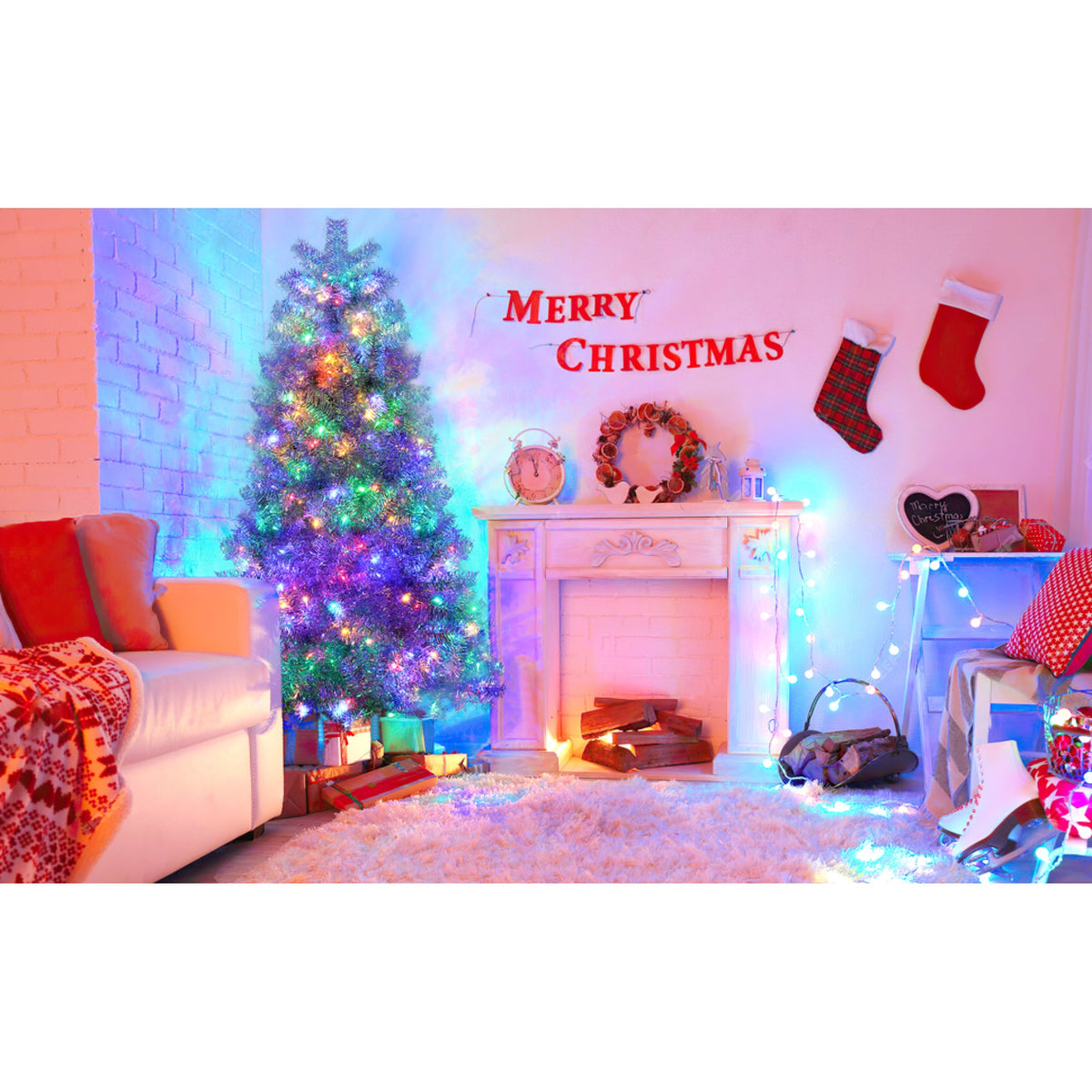 Roomfitters Pre-Lit Artificial Christmas Tree 6FT, Full Hinged Holiday Tree with Metal Stand, Warm Lights, 800 Tips, Silver Roomfitters