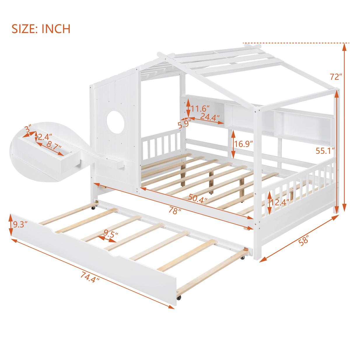 variant-group:rf-n733s316125k|Roomfitters Wooden Full Size House Bed with Trundle and Storage Shelf, White