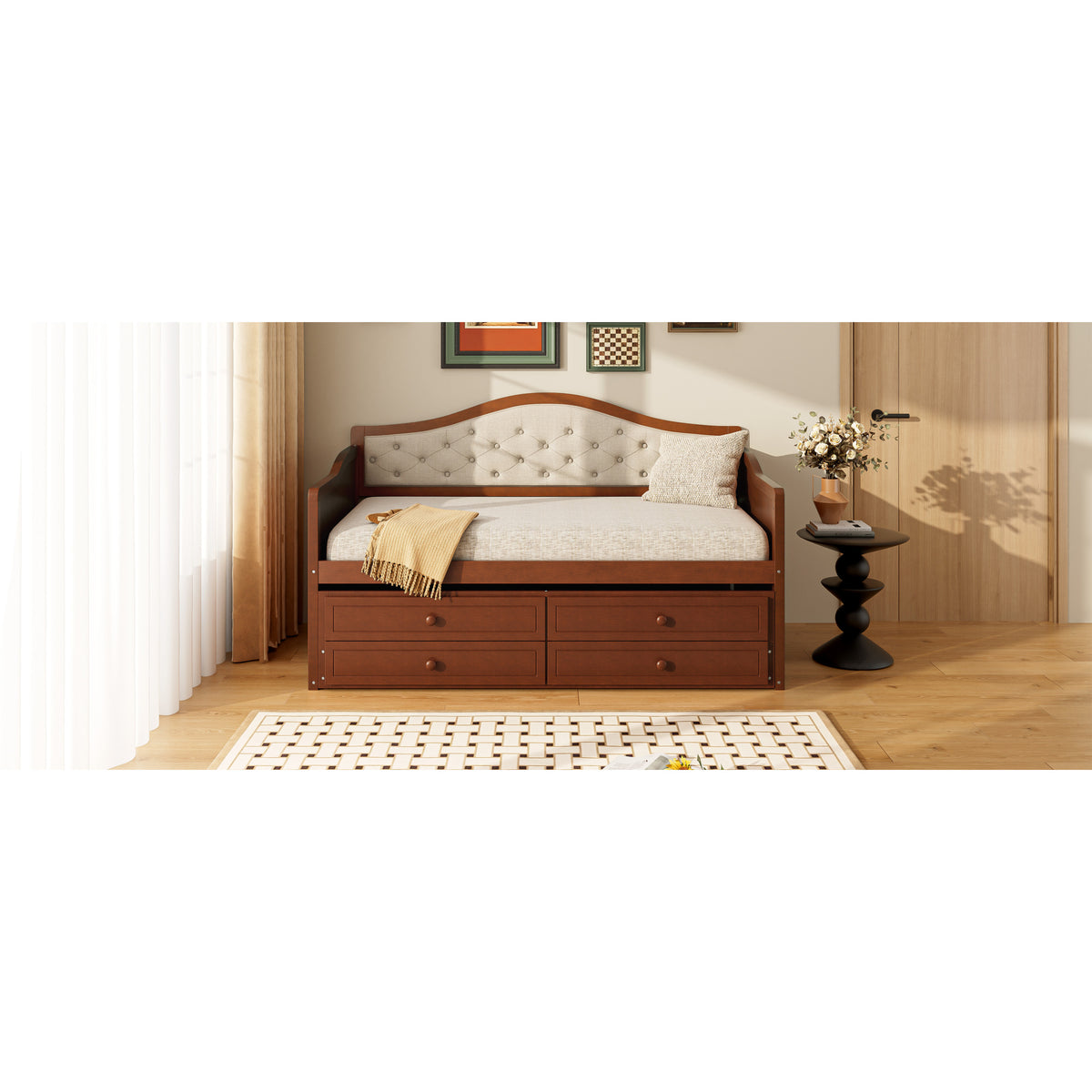 variant-group:rf-n733s346767d|Roomfitters Twin Daybed with Trundle, Wooden Sofa Bed with 2 Storage Drawers & Tufted Backrest, Walnut