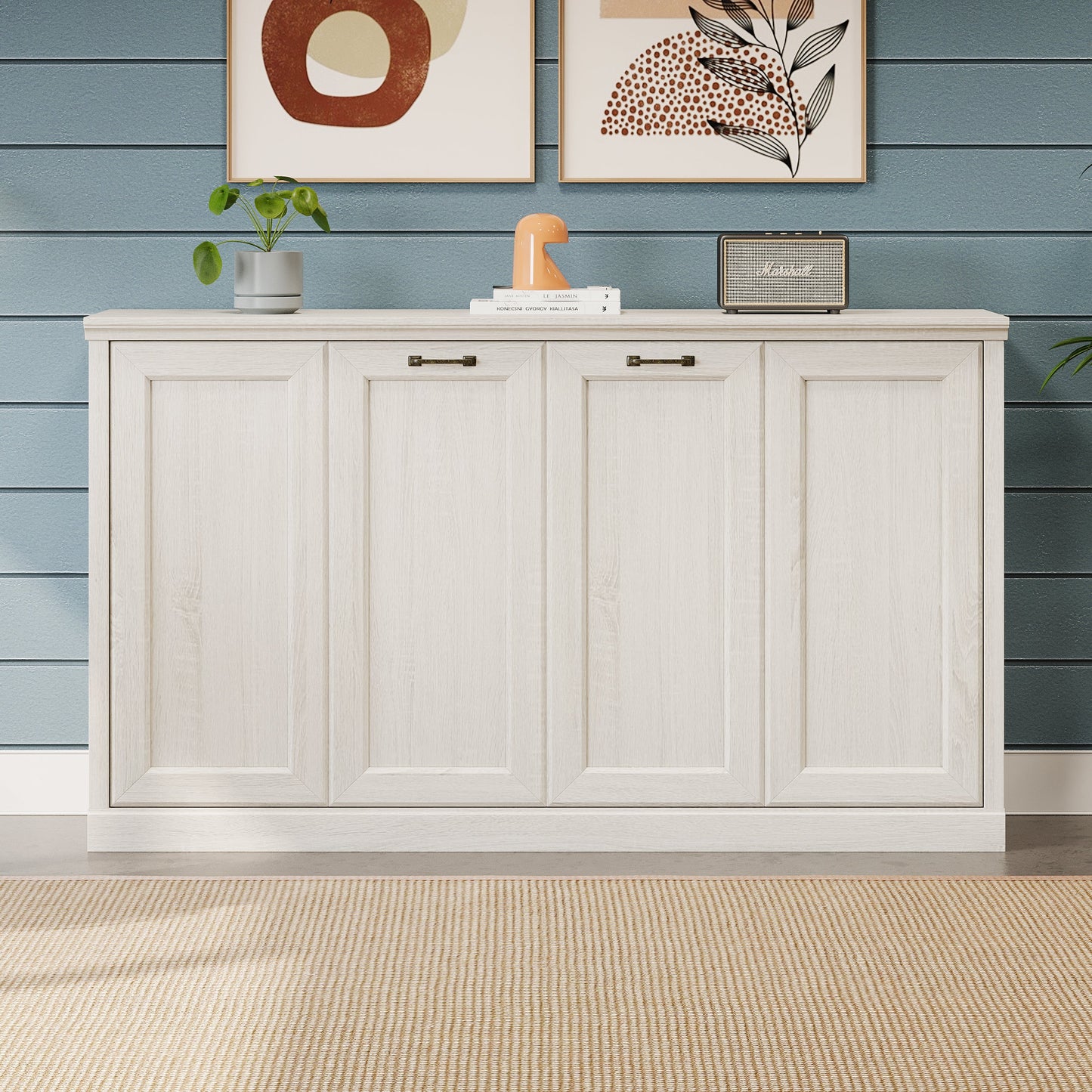 Roomfitters Twin Size Horizontal Murphy Bed Frame, Hideaway Cabinet Wall Bed, Dual Piston System Guest Room, Rustic White Roomfitters