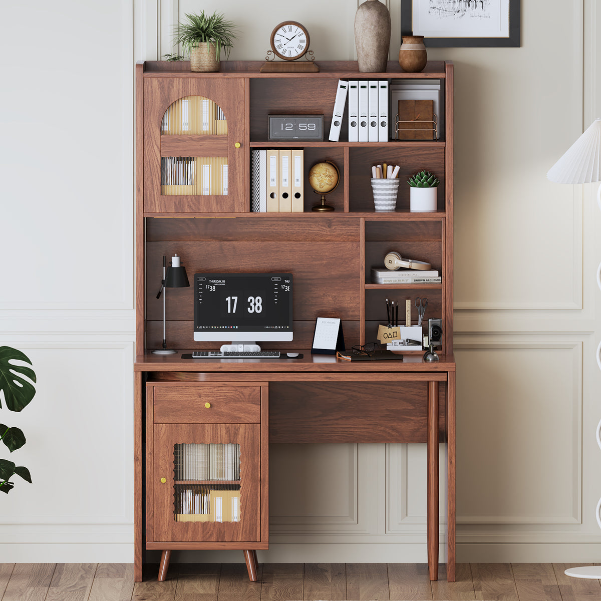 variant-group:rf-n733s363716d|Roomfitters Rotating L-Shaped Computer Desk with Shelves and Storage, 90° Swivel Office Writing Desk, Walnut