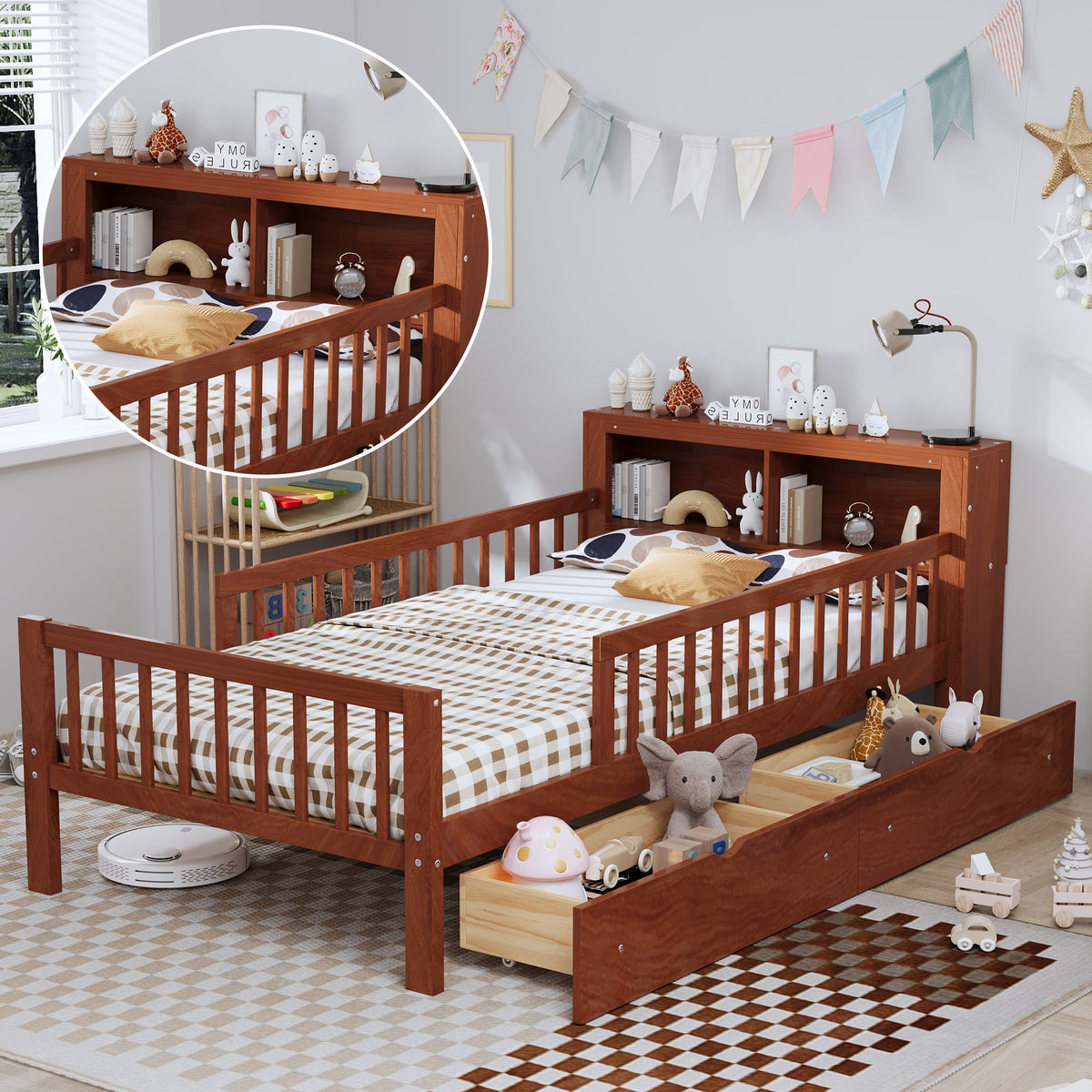 variant-group:rf-n733p272374d|Roomfitters Twin Bed with Headboard Storage Rack, Under-Bed Storage and Three-Side Guardrails, Walnut