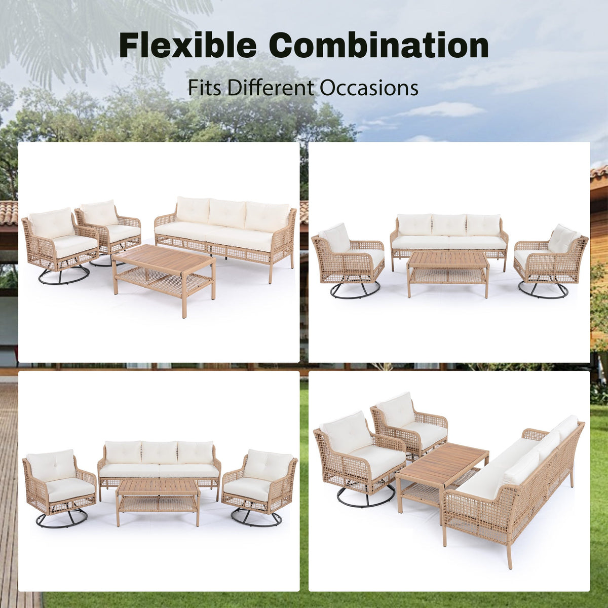 Roomfitters 4-Piece Patio Furniture Set with 360-Degree Swivel Rocking Chairs and Storage Coffee Table Beige Roomfitters