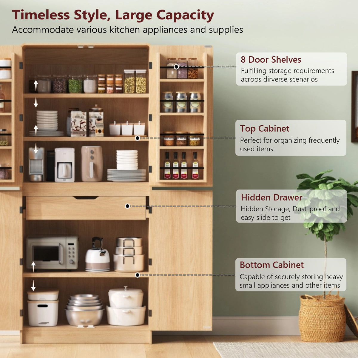 variant-group:rf-n707s000021y|Roomfitters 72" Tall Farmhouse Kitchen Pantry Cabinet with Curved Profile & 8 Door Shelves, Natural Oak