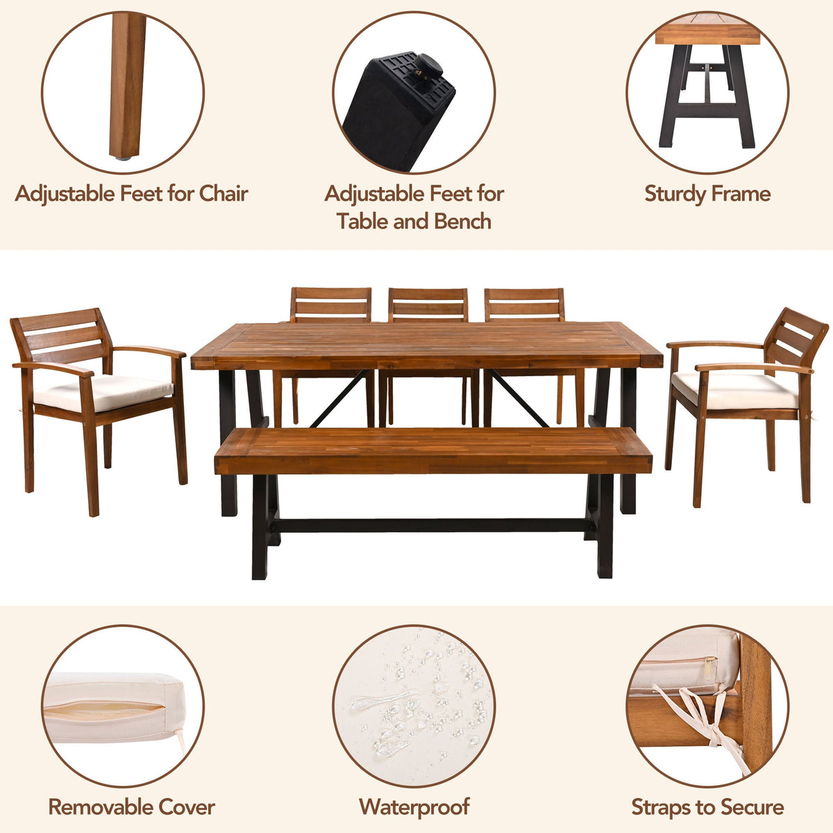 Roomfitters Outdoor Wood Dining Set for 7-8 Person, Outdoor Dining Furniture with Removable Cushions, Ergonomic Chairs and Bench, Thicker Table, Wood Tone Roomfitters