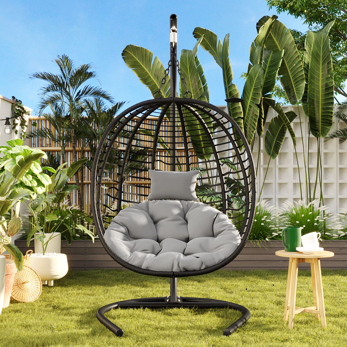 variant-group:rf-n711p389503e|Roomfitters Single Person Folding Egg Chair with Stand, UV Resistant Wicker Rattan Swing for Patio, Garden, Black+ Gray