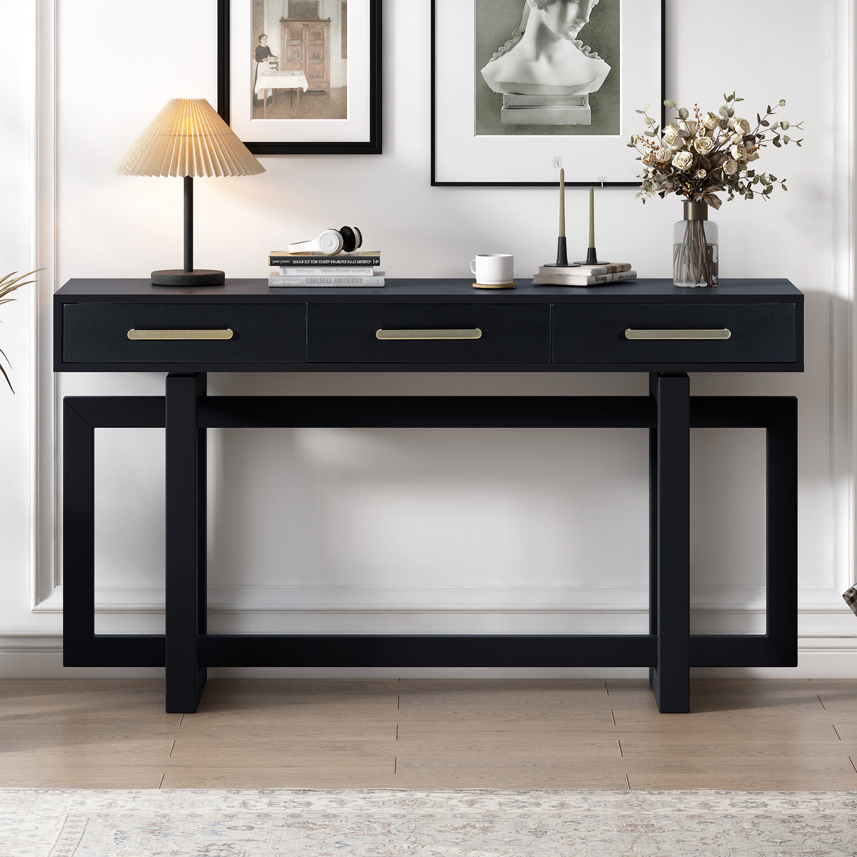 variant-group:rf-n711p175776b|Roomfitters Elegant Console Table with Three Drawers, Extra Long Entryway Table for Hallways, Living Rooms, or Foyers, Offering Ample Storage and Timeless Style, Black