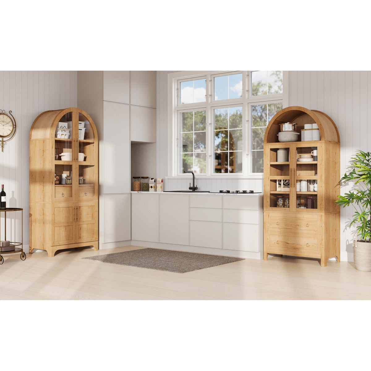 variant-group:rf-n707s288969y|Roomfitters 71" Pantry Cabinet with Arched Top & Glass Doors, 4-Door Storage Hutch with Adjustable Shelves for Kitchen, Natural