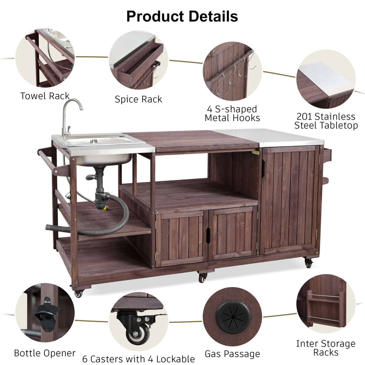 variant-group:rf-n707s000022z|Roomfitters 75.4" Outdoor Kitchen Island with Sink, Fir Wood Grill Cart for XL Green Egg & Tabletop Grills, Brown