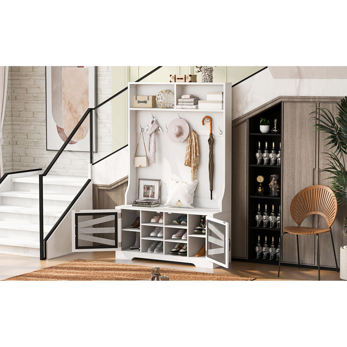 variant-group:rf-n724p264668k|Roomfitters 3-in-1 Entryway Bench with Coat Rack, Adjustable Shelves and 7 Hooks, 43.3" Hall Tree for Entrance or Living Room, White