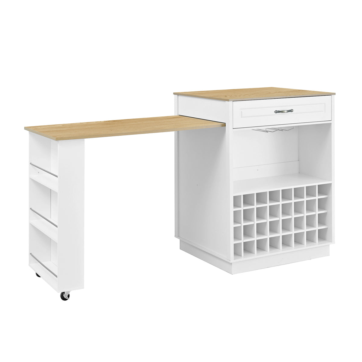 variant-group:rf-n711wy000493aak|Roomfitters White and Natural Wood MDF Extendable Bar Cabinet, Rolling Kitchen Island Table, Wine Rack Storage