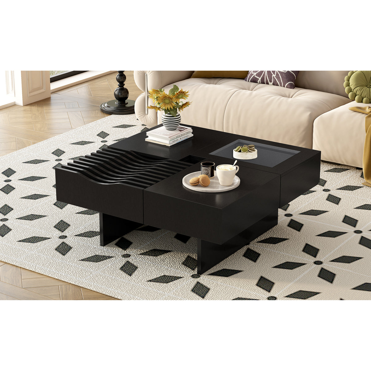 variant-group:rf-n724p270432b|Roomfitters Square Mid-Century Coffee Table with Glass Top and 3 Storage Compartments, Solid Wood Legs, Black