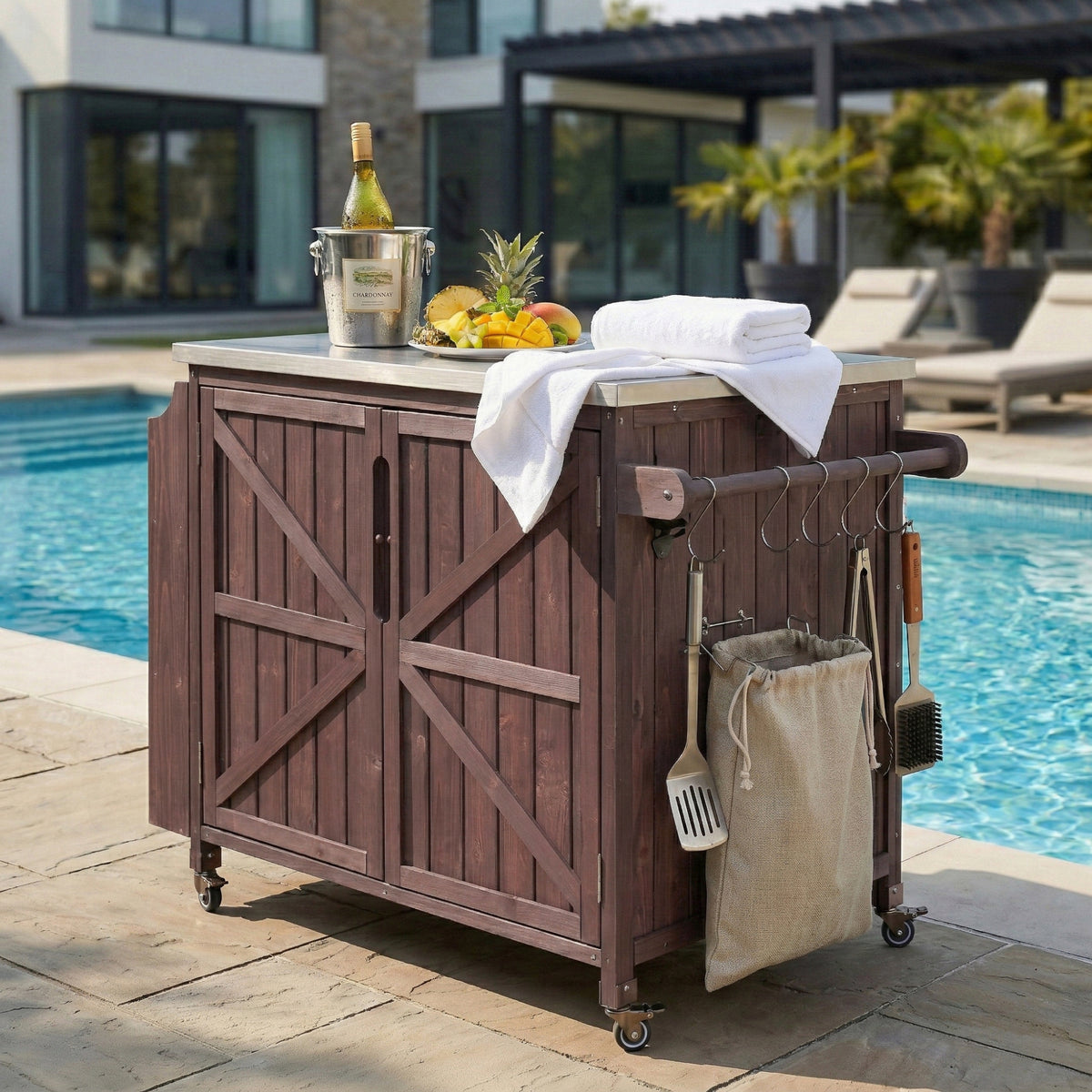 variant-group:rf-n707p370287z|Roomfitters 42.1" Grill Cart, Outdoor Kitchen Island with Stainless Steel Top, BBQ Prep Station with Spice Rack, Dark Brown