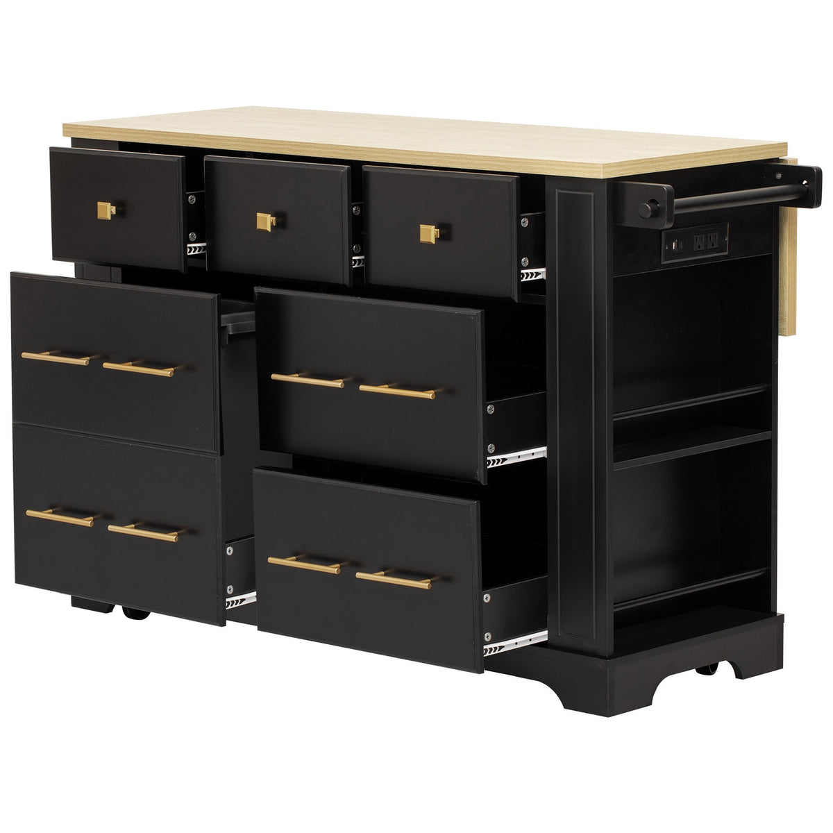 variant-group:rf-n707s307292b|Roomfitters 51" Kitchen Island with Power Outlet and Drop Leaf, Rolling Cabinet with Pull-Out Trash Can Drawer, Black