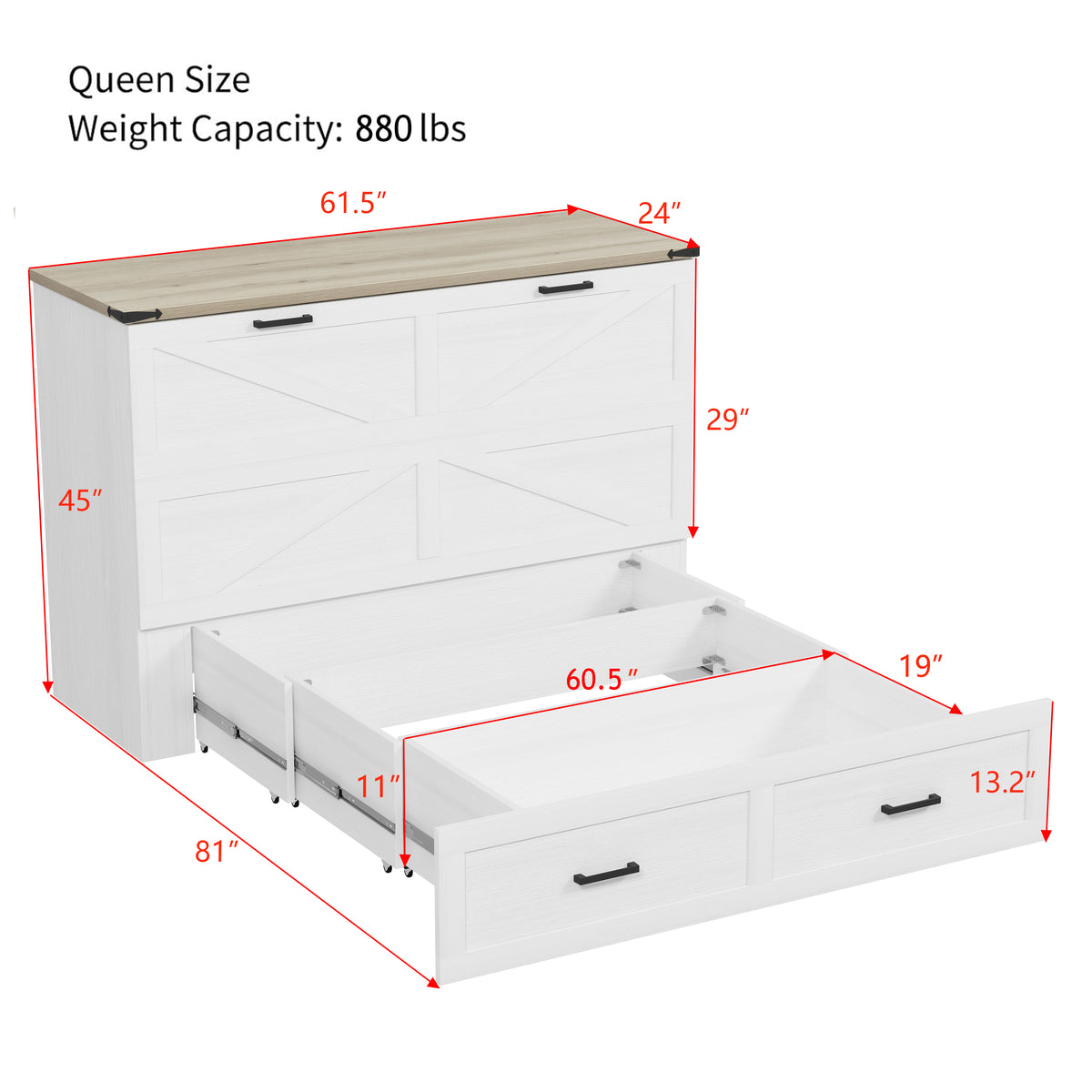 variant-group:rf-n733s361778w|Roomfitters Queen Farmhouse Murphy Cabinet Bed with Charging Station, Foldable Platform Bed with Storage Drawer, White