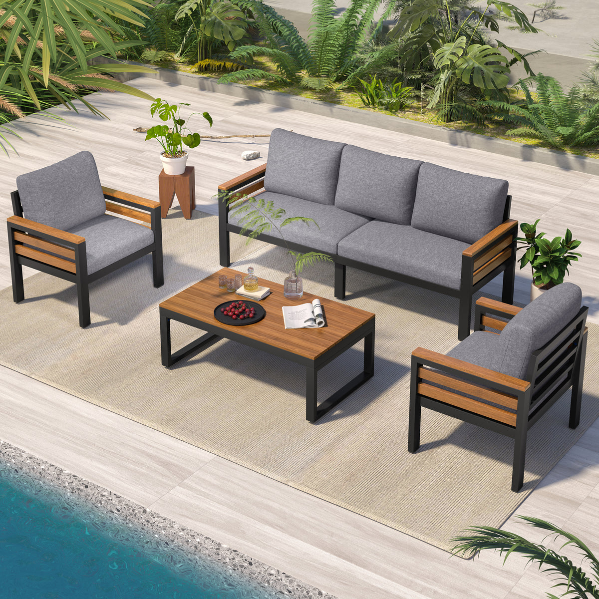 variant-group:rf-n704f201246e|Roomfitters 4-Piece Outdoor Patio Furniture Set with 3-Seater Sofa, 2 Armchairs and Coffee Table, Wood Accents, Grey