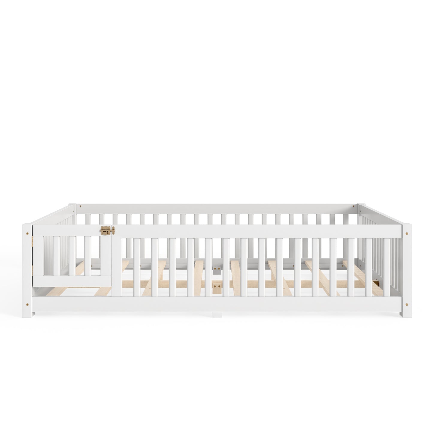 variant-group:rf-w1580p462324|Roomfitters Queen Size Wooden Floor Bed Frame with Safety Guardrails Door, Solid Wood Low Profile Toddler Play Bed, White