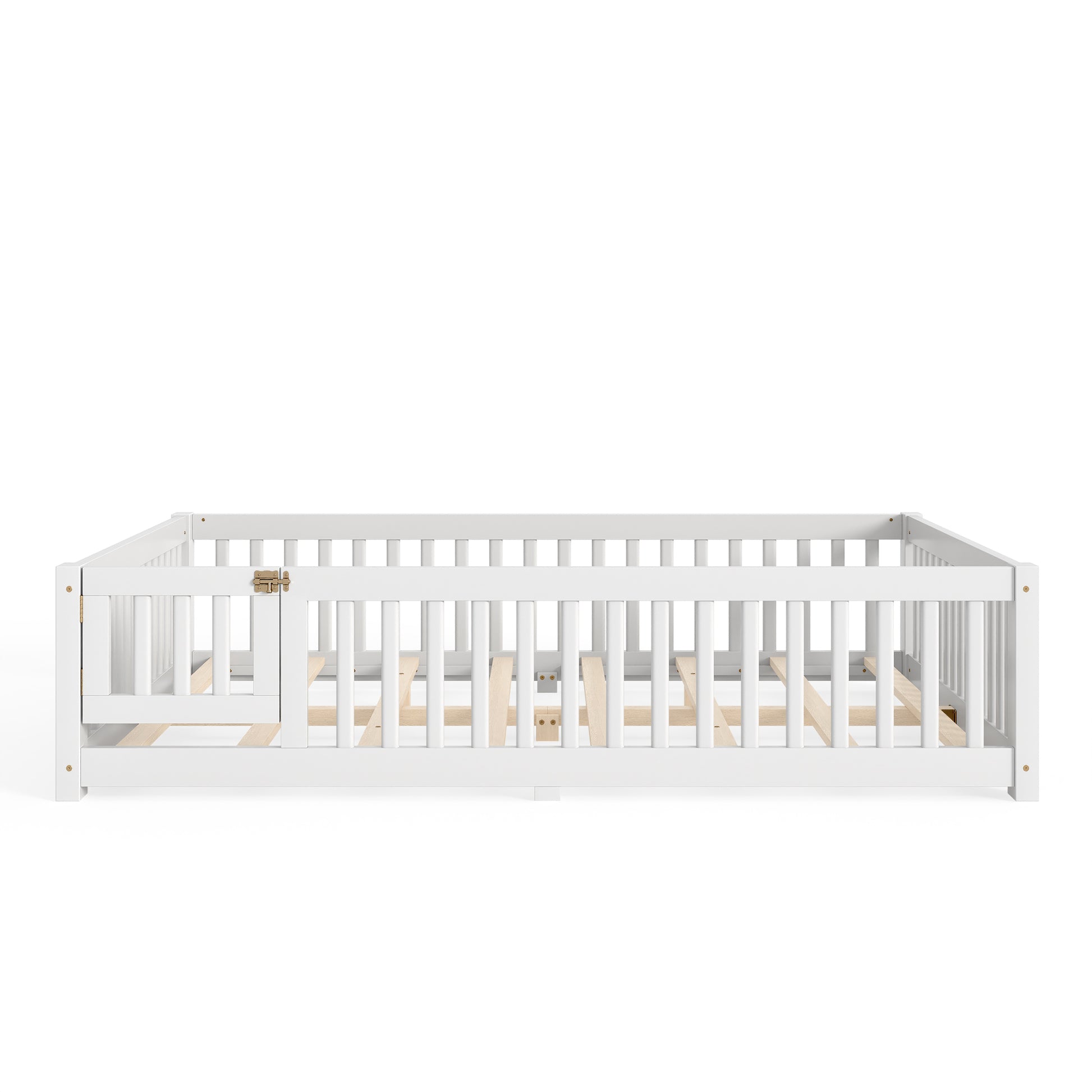 variant-group:rf-w1580p462324|Roomfitters Queen Size Wooden Floor Bed Frame with Safety Guardrails Door, Solid Wood Low Profile Toddler Play Bed, White