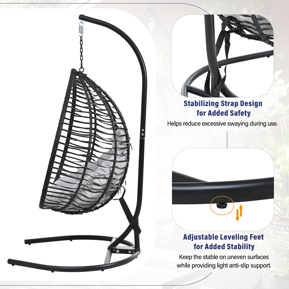 variant-group:rf-n711p389502e|Roomfitters Indoor Outdoor Hanging Egg Hammock Chair with Stand, Wicker Rattan Swing for Patio and Bedroom, Black+ Gray