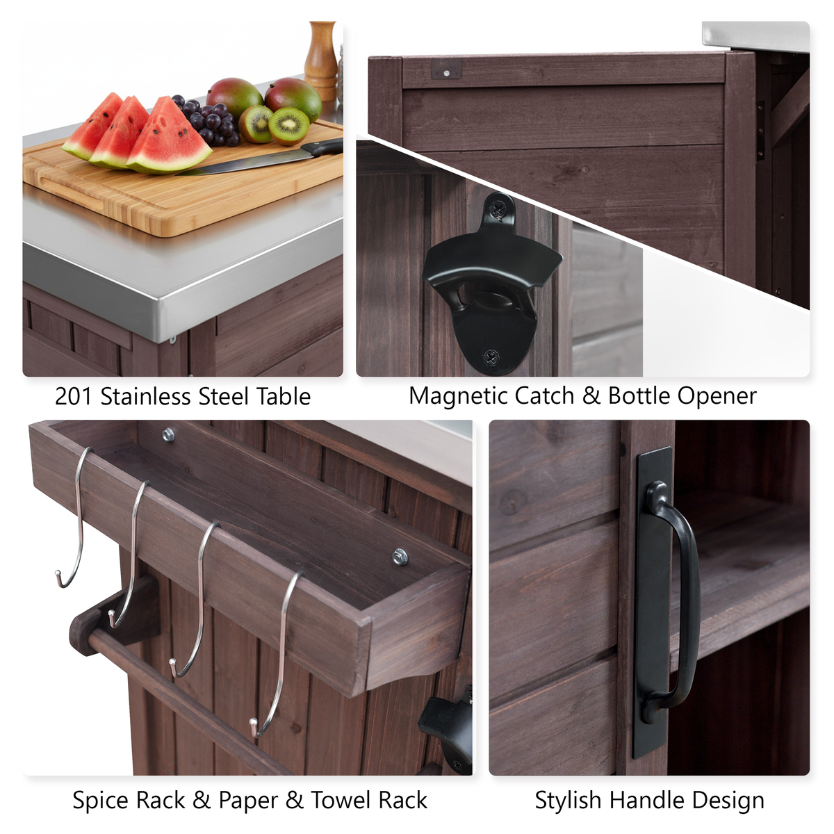 variant-group:rf-n707p370276z|Roomfitters 78.3" Outdoor Kitchen Island with Foldable Grill Table, Stainless Steel Top & Tilt Trash Can Storage, Dark Brown