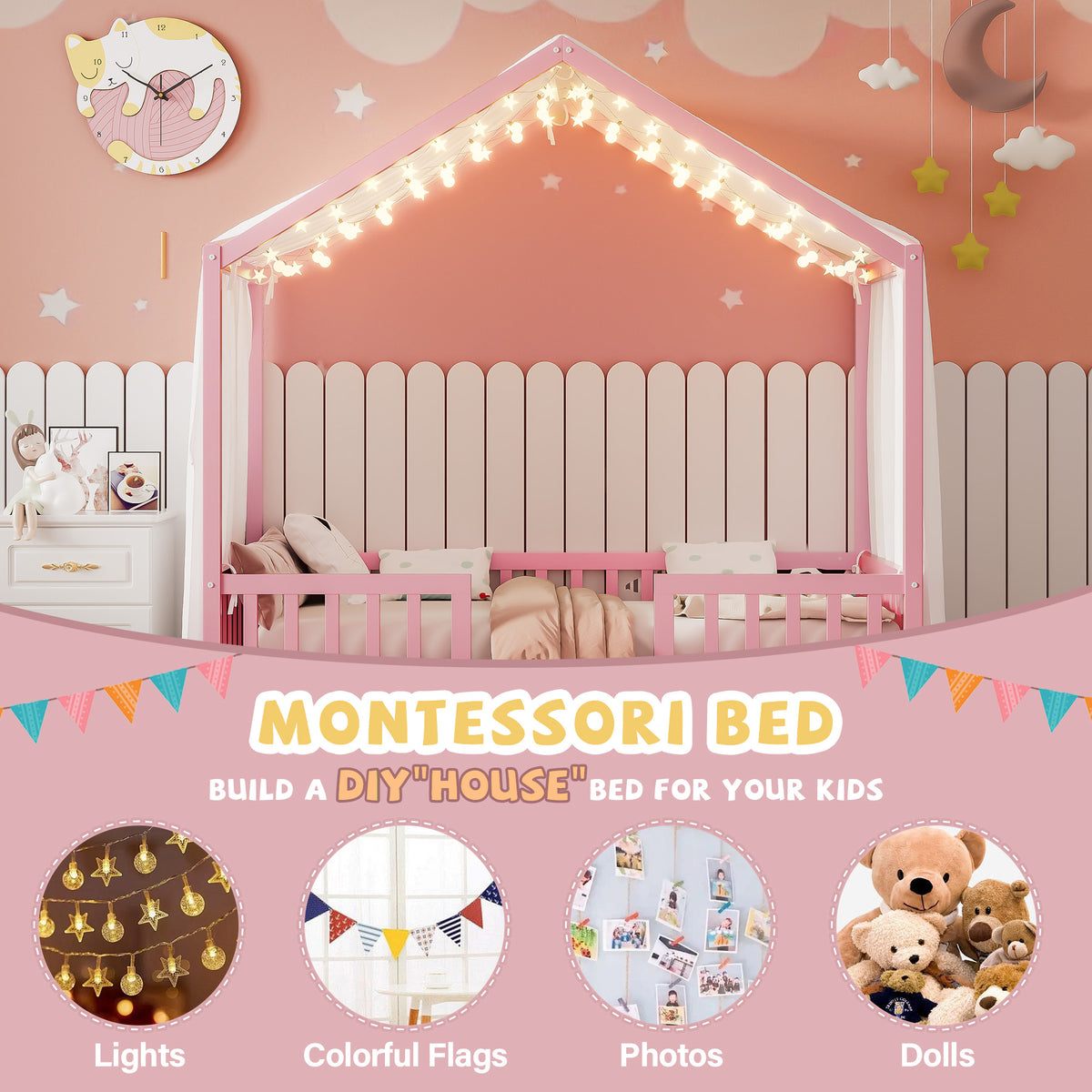 variant-group:rf-n733p356043h|Roomfitters Twin Montessori Floor Bed with Canopy, House Shape Wood Frame with Safety Rails, Youth Platform Bed, Pink