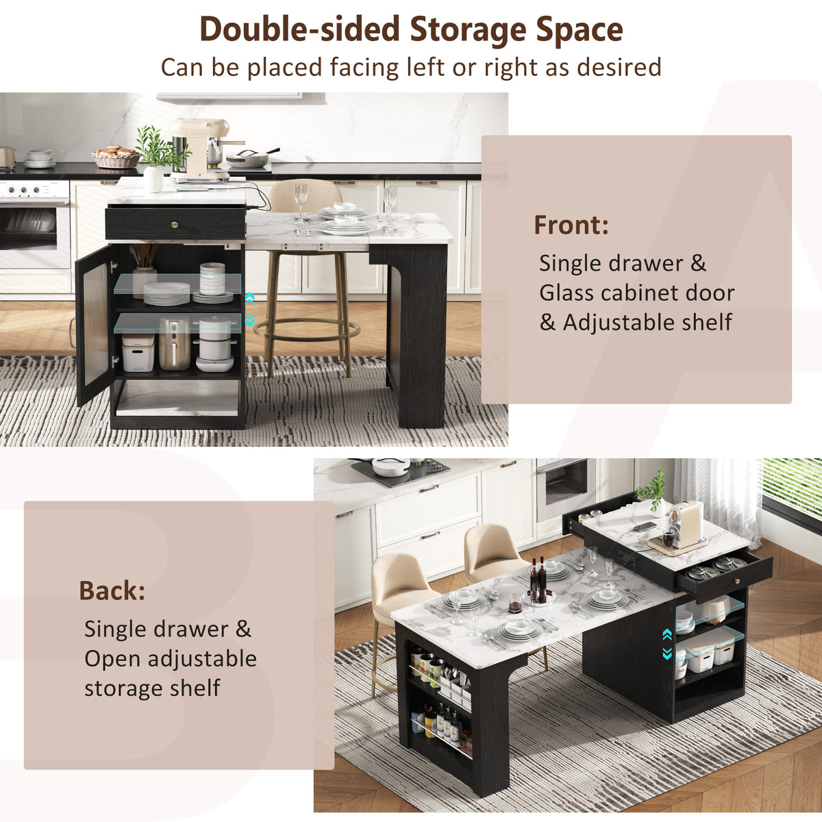 variant-group:rf-n707s000017b|Roomfitters 59.5" Kitchen Island with 41.8" Extendable Dining Table, Double-Sided Storage, Power Outlet, 2 Drawers, Black