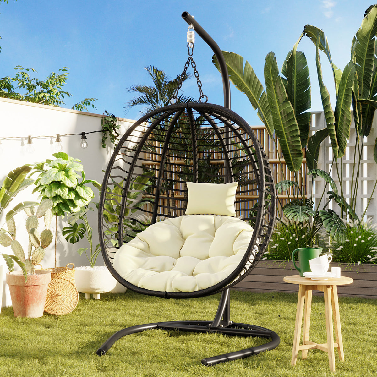 variant-group:rf-n711p389503a|Roomfitters Single Person Folding Egg Chair with Stand, UV Resistant Wicker Rattan Swing for Patio, Garden, Black+Beige