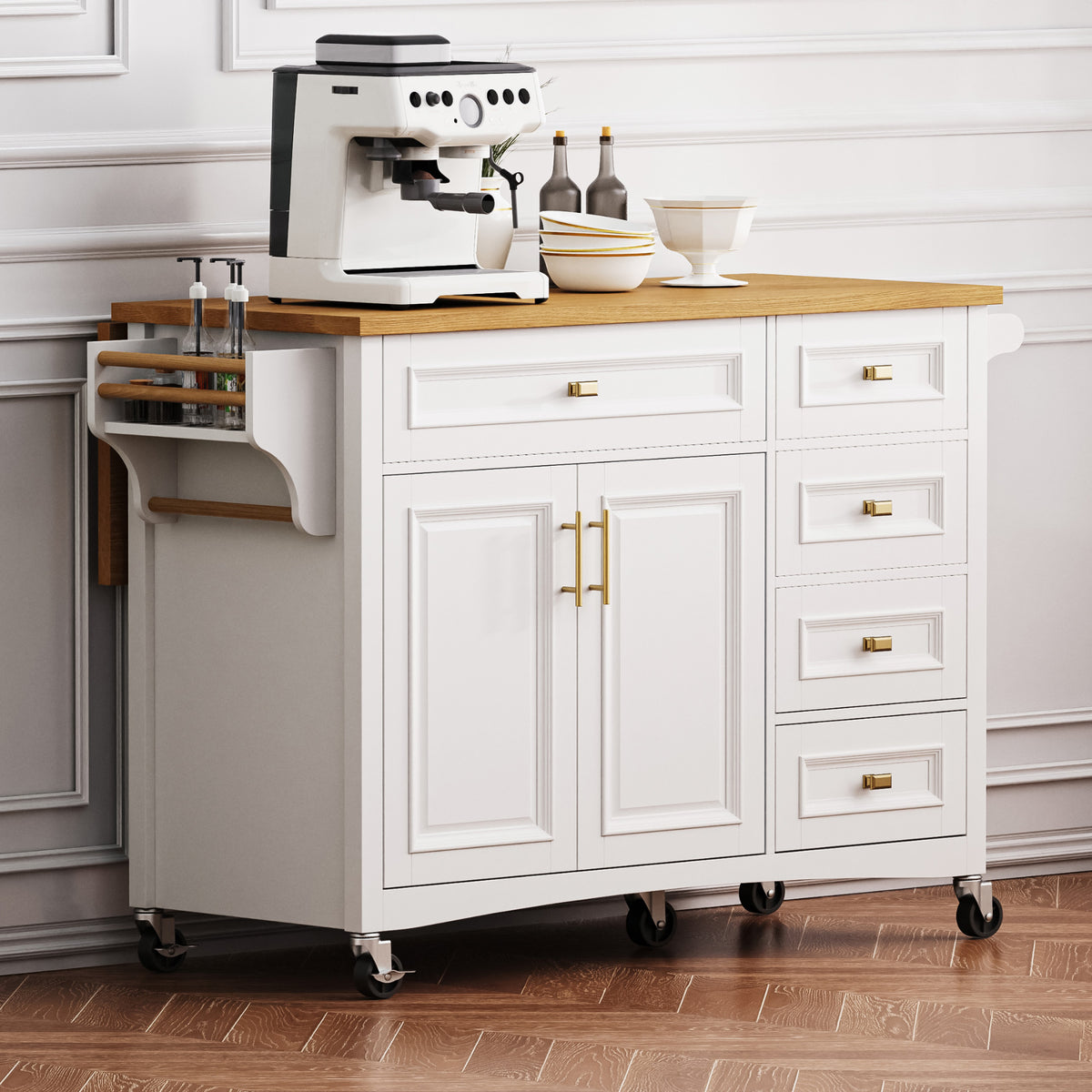 variant-group:rf-n707p195393w|Roomfitters 52" Kitchen Island with Drop Leaf, Rolling Kitchen Cart with Storage Cabinet, Spice Rack, Towel Rack, Adjustable Shelf, White