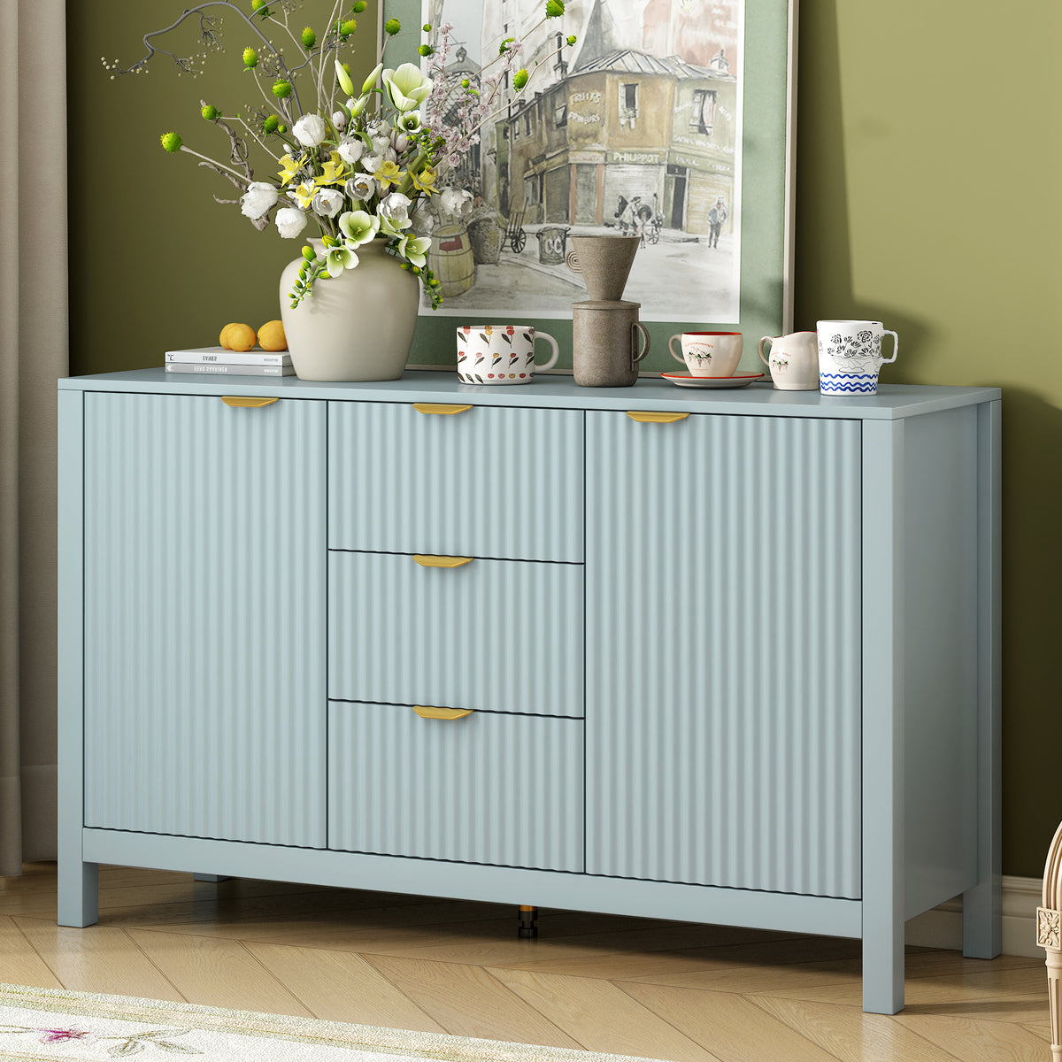 variant-group:rf-n711p269066c|Roomfitters Sideboard Buffet Cabinet with 3 Drawers, Mid-century Modern Fluted Accent Storage for Kitchen & Dining, Cyan