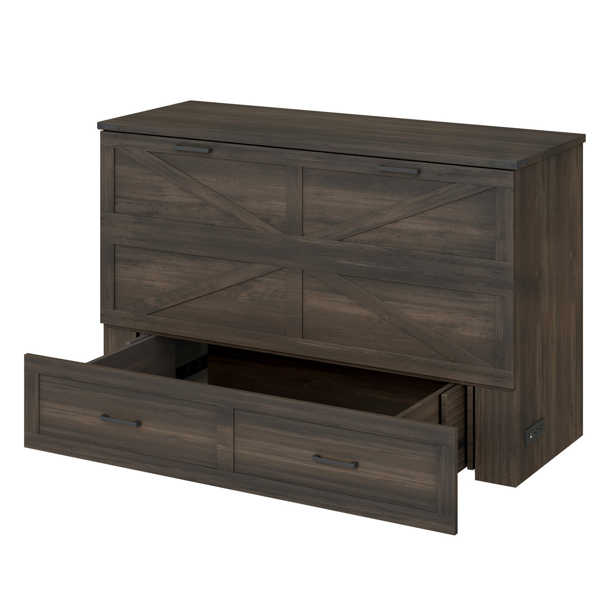 variant-group:rf-n733s361778g|Roomfitters Queen Farmhouse Murphy Cabinet Bed with Charging Station, Foldable Platform Bed with Storage Drawer, Rustic Gray